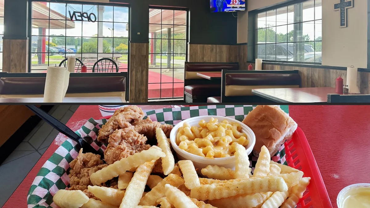 Crispy chicken plates on a casual restaurant table.