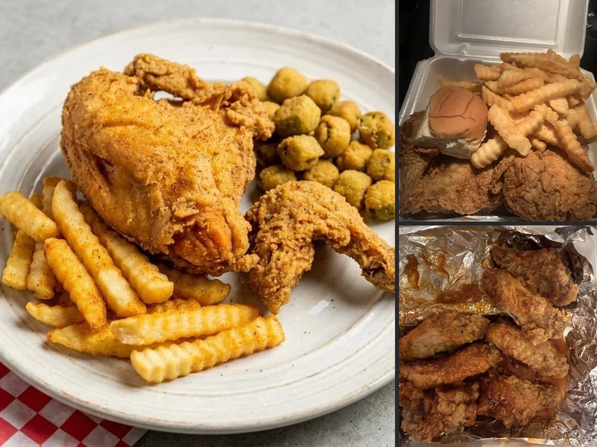 Crispy chicken plates on a casual restaurant table.